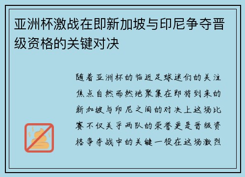亚洲杯激战在即新加坡与印尼争夺晋级资格的关键对决